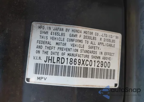 1999 Honda Cr-V Ex from USA, damaged, VIN JHLRD1869XC012900